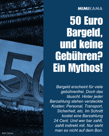 50 Euro Bargeld, und keine Gebühren? Ein Mythos! Bargeld erscheint für viele gebührenfrei. Doch das täuscht. Hinter jeder Barzahlung stehen versteckte Kosten: Personal, Transport, Sicherheit, etc. Im Schnitt kostet eine Barzahlung
24 Cent. Und wer bar zahlt, zahlt indirekt mit. Nur sieht man es nicht auf dem Bon.