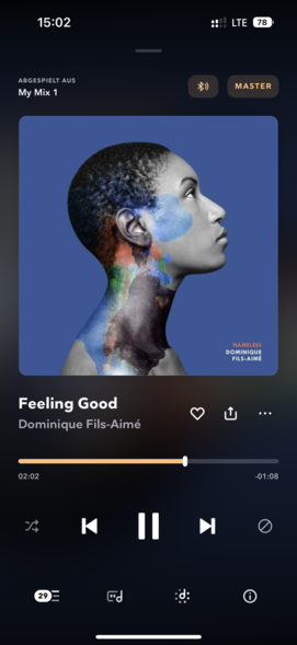 Ein Screenshot auf dem man erkennt das grade Feeling Good von Dominique Fils-Aimé angespielt wird. 
