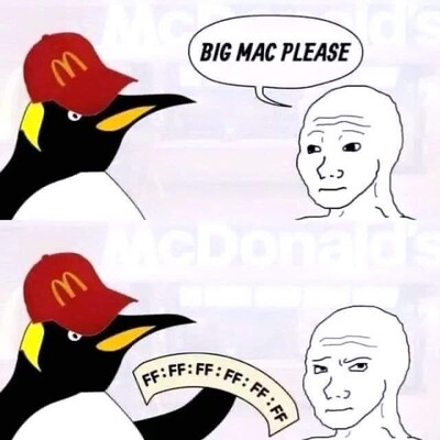 Ein Comic mit zwei Tafeln. Im ersten Panel fragt eine depressive Zeichentrickfigur einen Pinguin, der einen McDonald's-Hut trägt nach einen Big Mac. Im zweiten Panel übergibt der Pinguin die MAC-Adresse von "FF: FF: FF: FF: FF: FF"