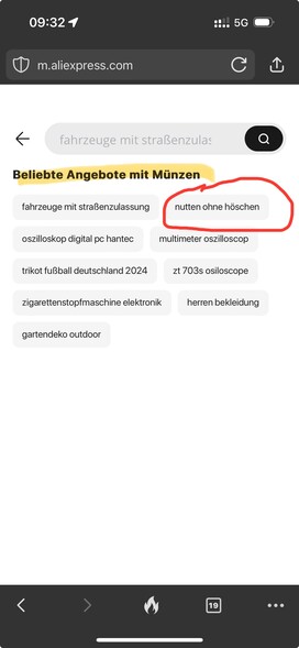 Screenshot of an AliExpress search results page with a list of popular offers. One inappropriate term is highlighted in red.