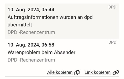 Tracking update from DPD in German: "Order information was transmitted to DPD" on August 10, 2024, at 05:44, and "Problem with goods at sender" on August 10, 2024, at