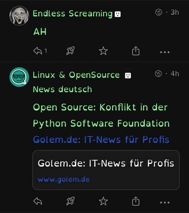 Social media post with two comments. The first comment from "Endless Screaming" simply says, "AH." The second comment from "Linux & OpenSource" shares an article titled "Open Source: Konflikt in der Python Software Foundation" from